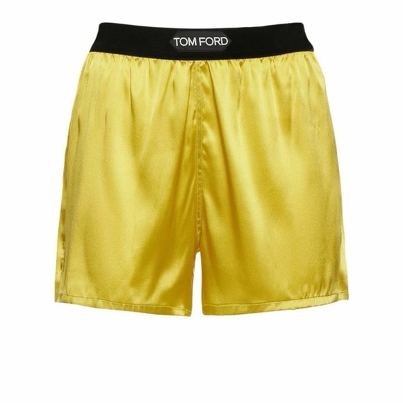 Tom Ford Pants - Tom Ford Yellow Satin Shorts with Black Waistband